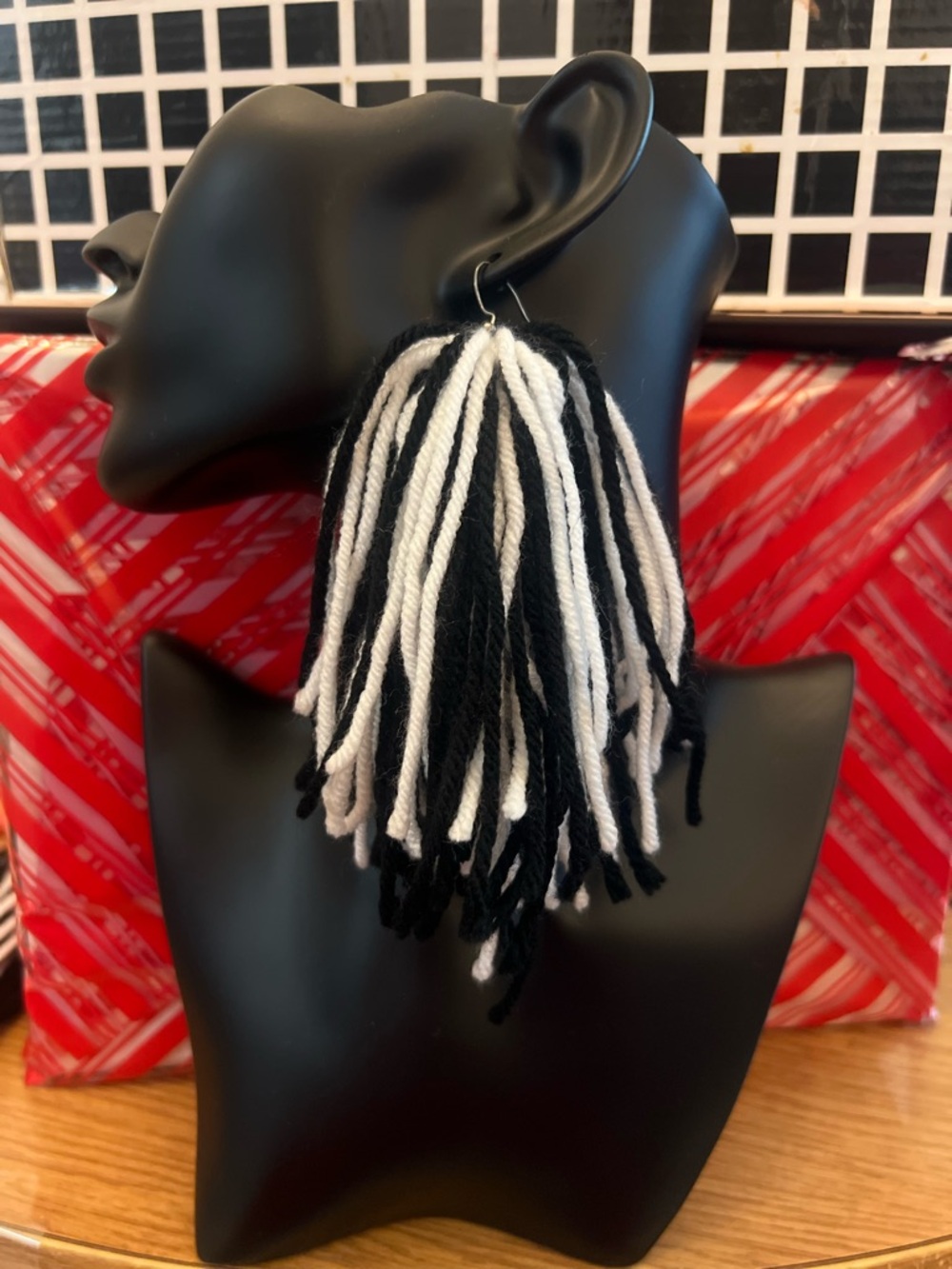 Black and White Fringe Yarn Tassel Earrings